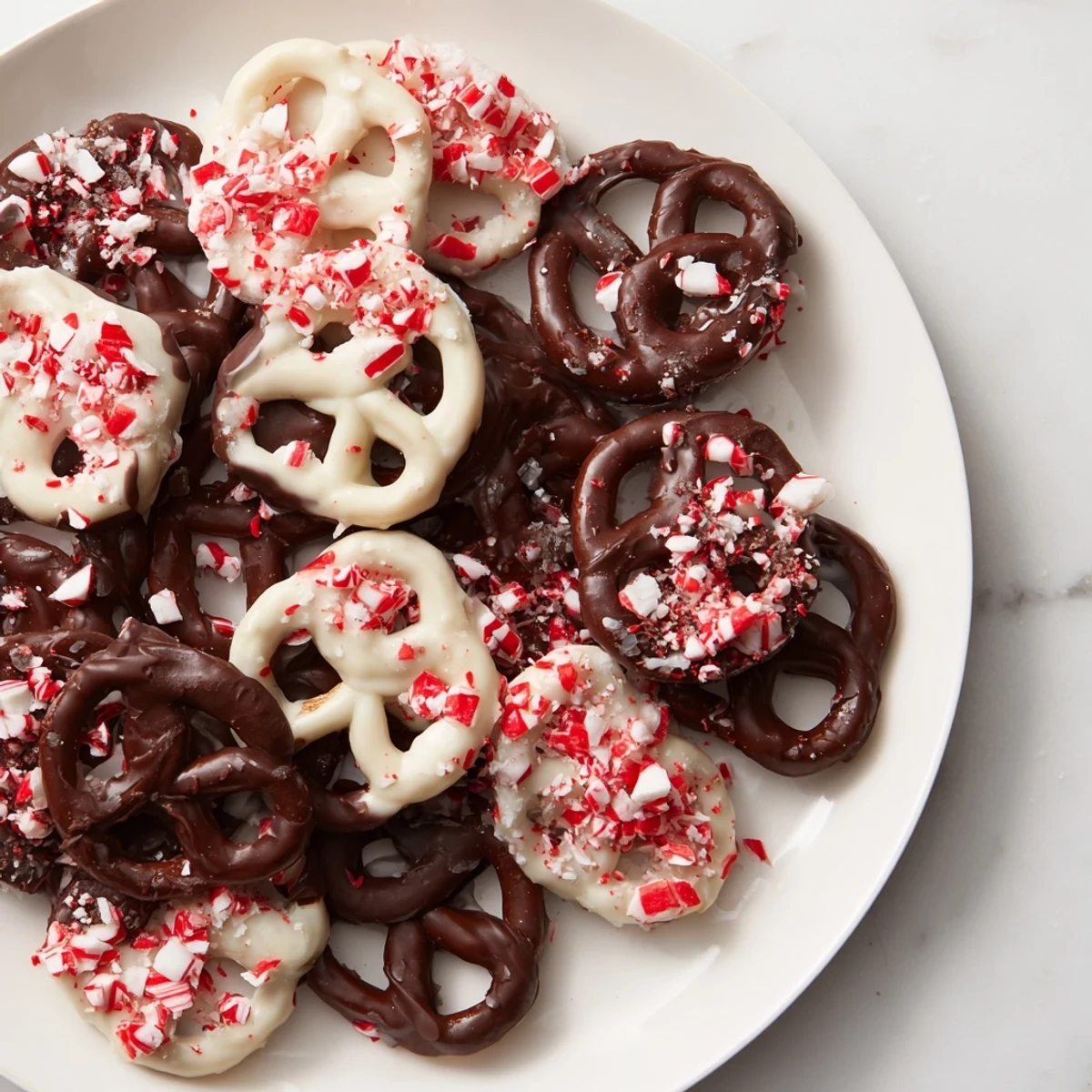 Festive Peppermint Bark Pretzels featuring crunchy pretzels dipped in rich, swirled chocolates and peppermint.