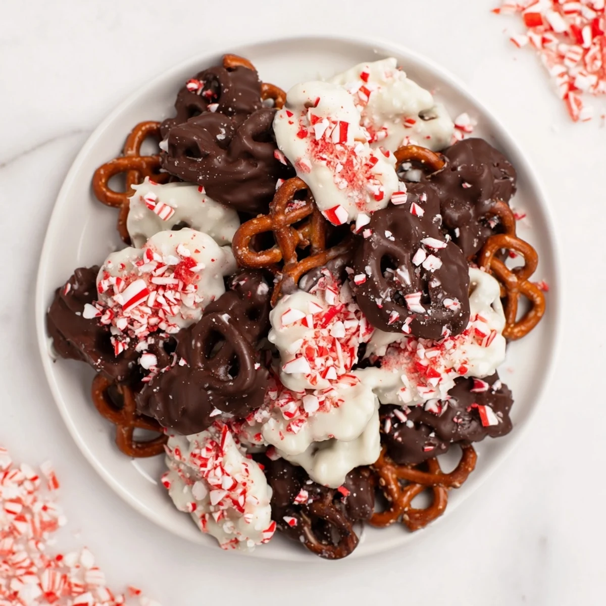 Sweet and salty Peppermint Bark Pretzels topped with vibrant, crushed peppermint candy—a delicious holiday treat.