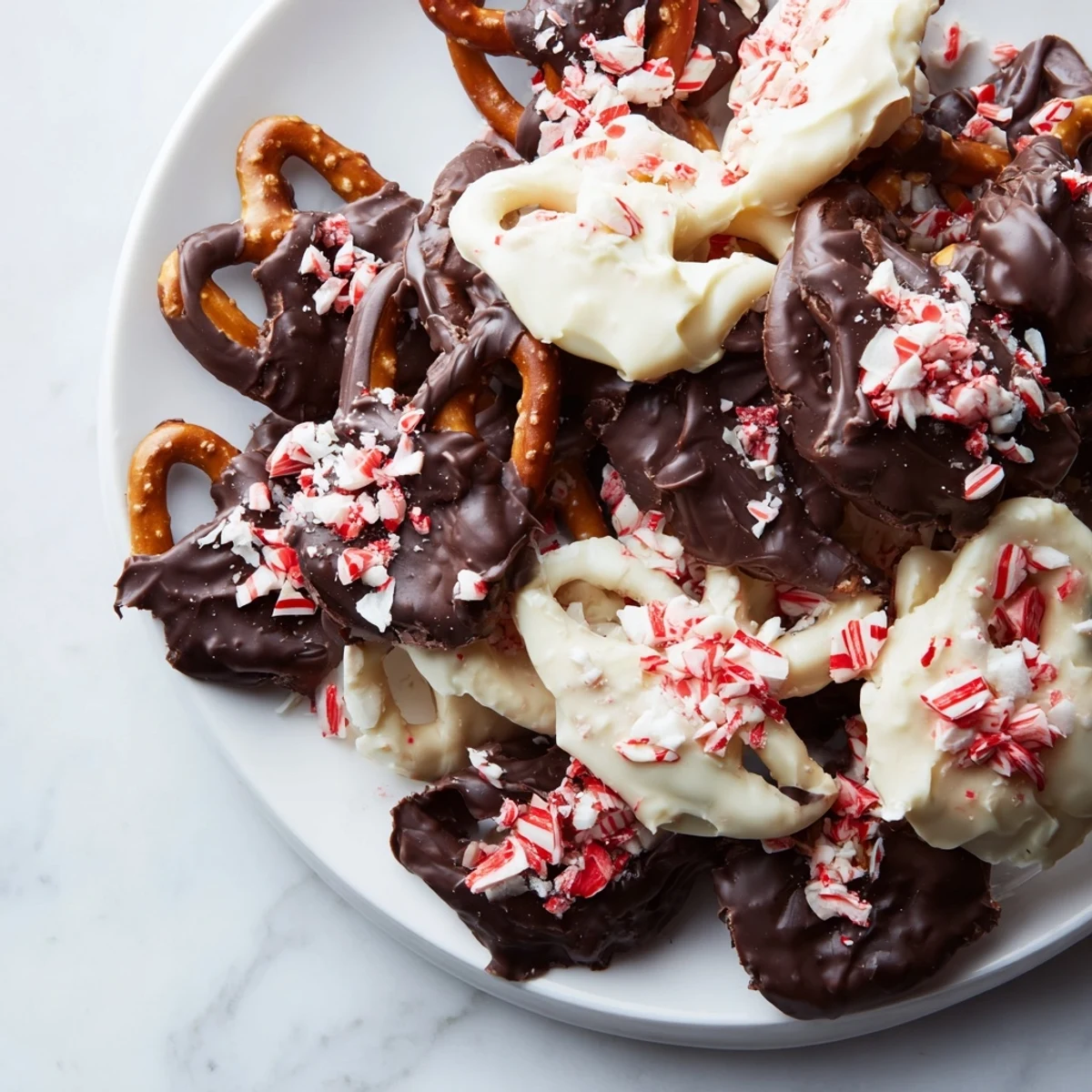 Close-up of freshly made Peppermint Bark Pretzels showcasing the layers of white chocolate, dark chocolate, and mint.