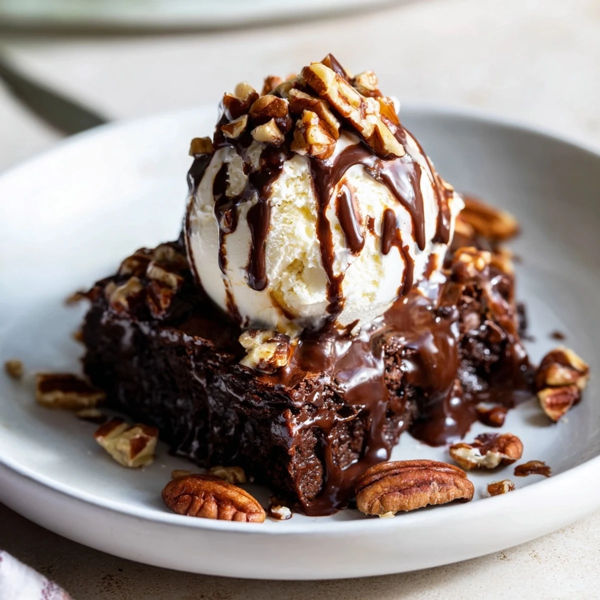 Warm chocolate brownie sundae topped with vanilla ice cream and drizzled with luscious chocolate sauce.