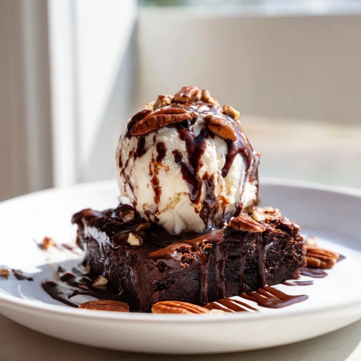 Indulge in a rich, fudgy chocolate brownie sundae with a scoop of creamy, cold vanilla ice cream.