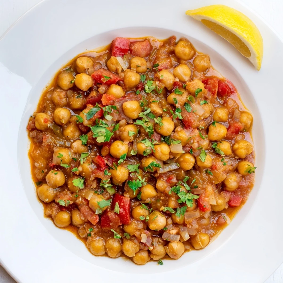 A close-up of vibrant chickpea curry, showcasing the tender chickpeas in a creamy coconut sauce.