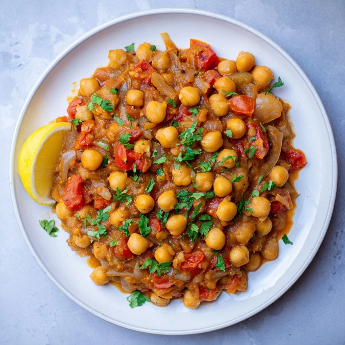 Steaming bowl of chickpea curry, a hearty vegan delight with cilantro garnish, ready to serve.