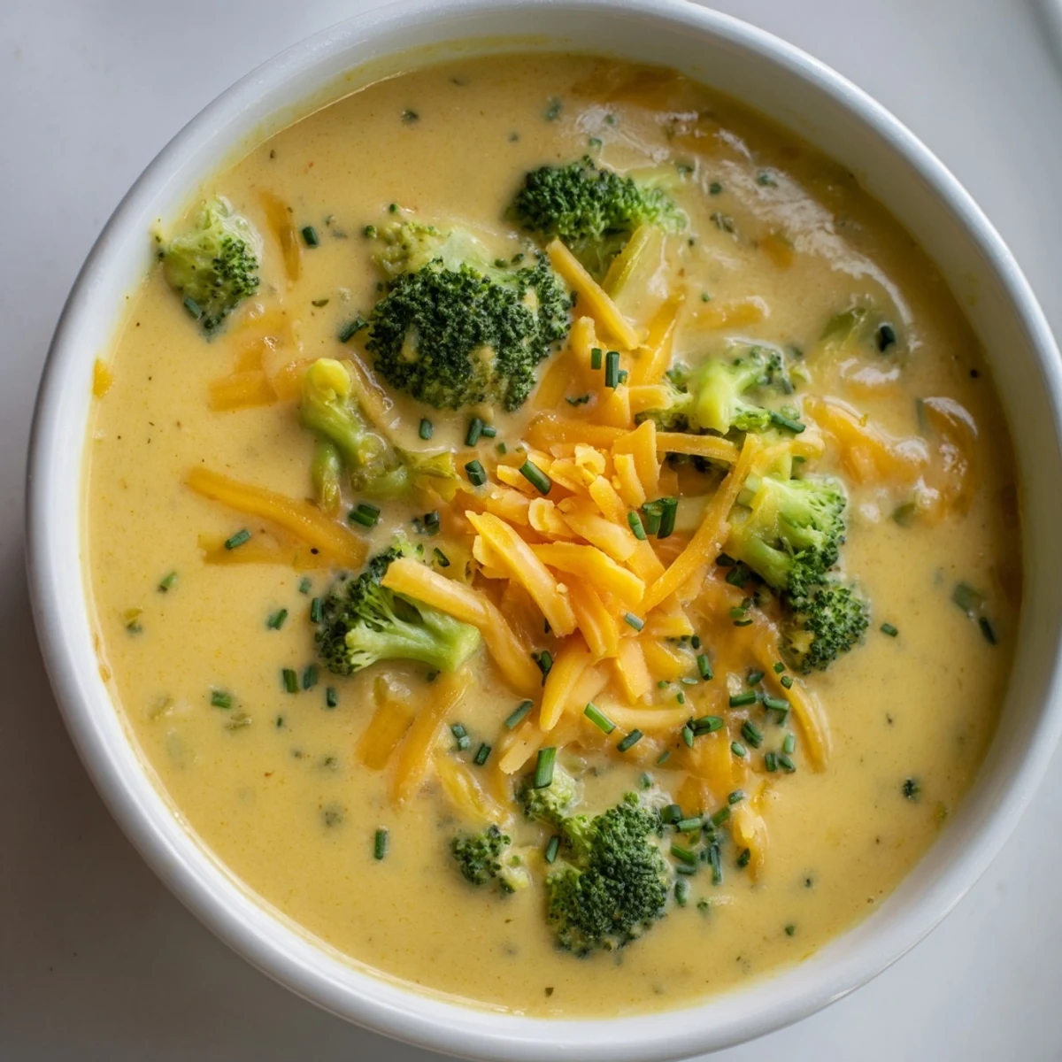 A steaming bowl of Broccoli Cheddar Soup, garnished with cheese, ready to warm you up.