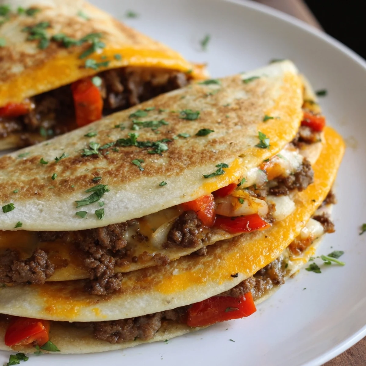 Golden-brown, cheesy Beef Quesadillas, layered with savory seasoned beef and melted cheese are delicious.