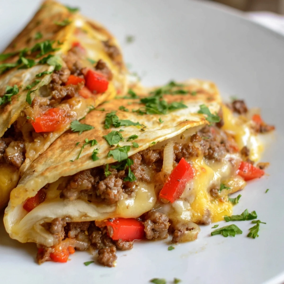 Mouthwatering, warm Beef Quesadillas, served with sour cream, showcasing the melted cheese pull.