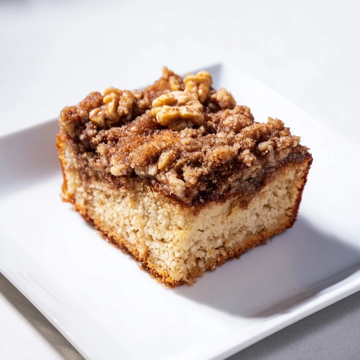 Freshly baked coffee cake, showing a golden crust and a delightful, sweet crumb topping.