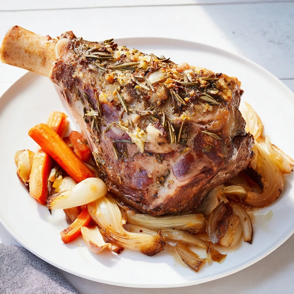 Slow-roasted lamb shoulder with garlic and rosemary, fall-off-the-bone tender and flavorful, ready to serve.