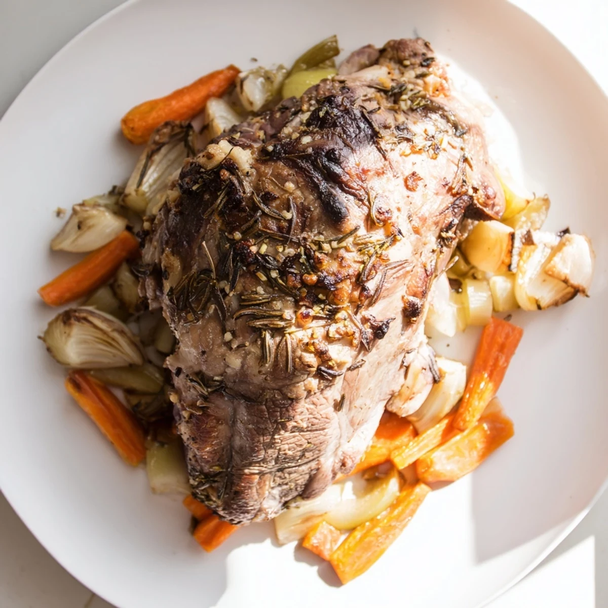 Tender slow-roasted lamb shoulder, glistening with savory juices, seasoned with garlic and rosemary.