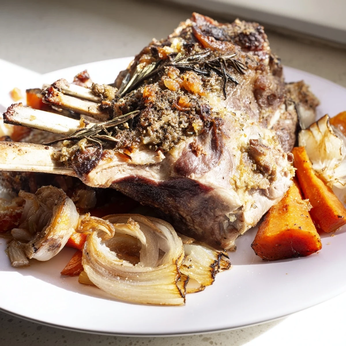 A Mediterranean delight: this slow-roasted lamb shoulder with garlic and rosemary, a culinary masterpiece.
