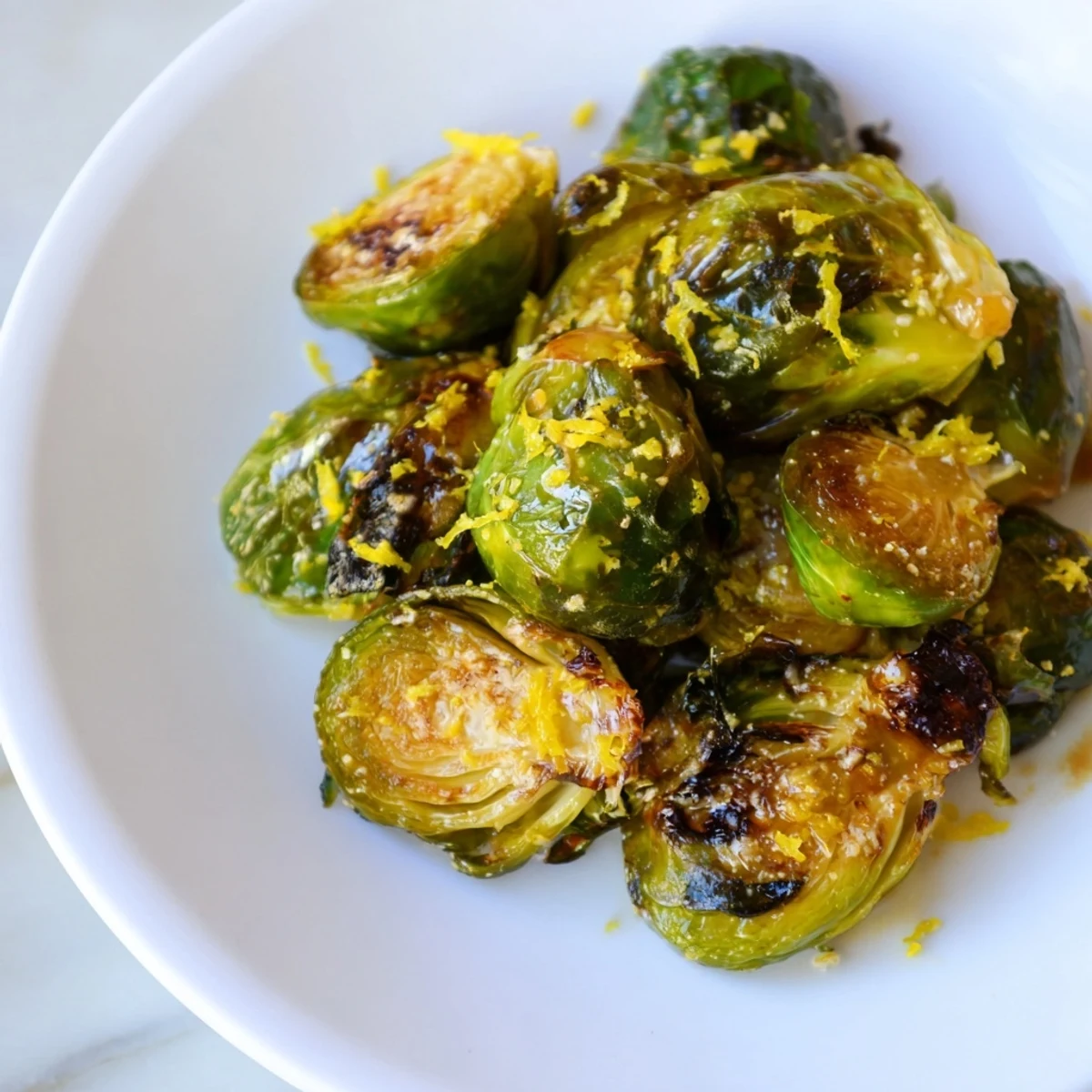 Golden-brown Brussels sprouts with garlic and lemon, a delicious, vibrant vegetable side dish ready to serve.