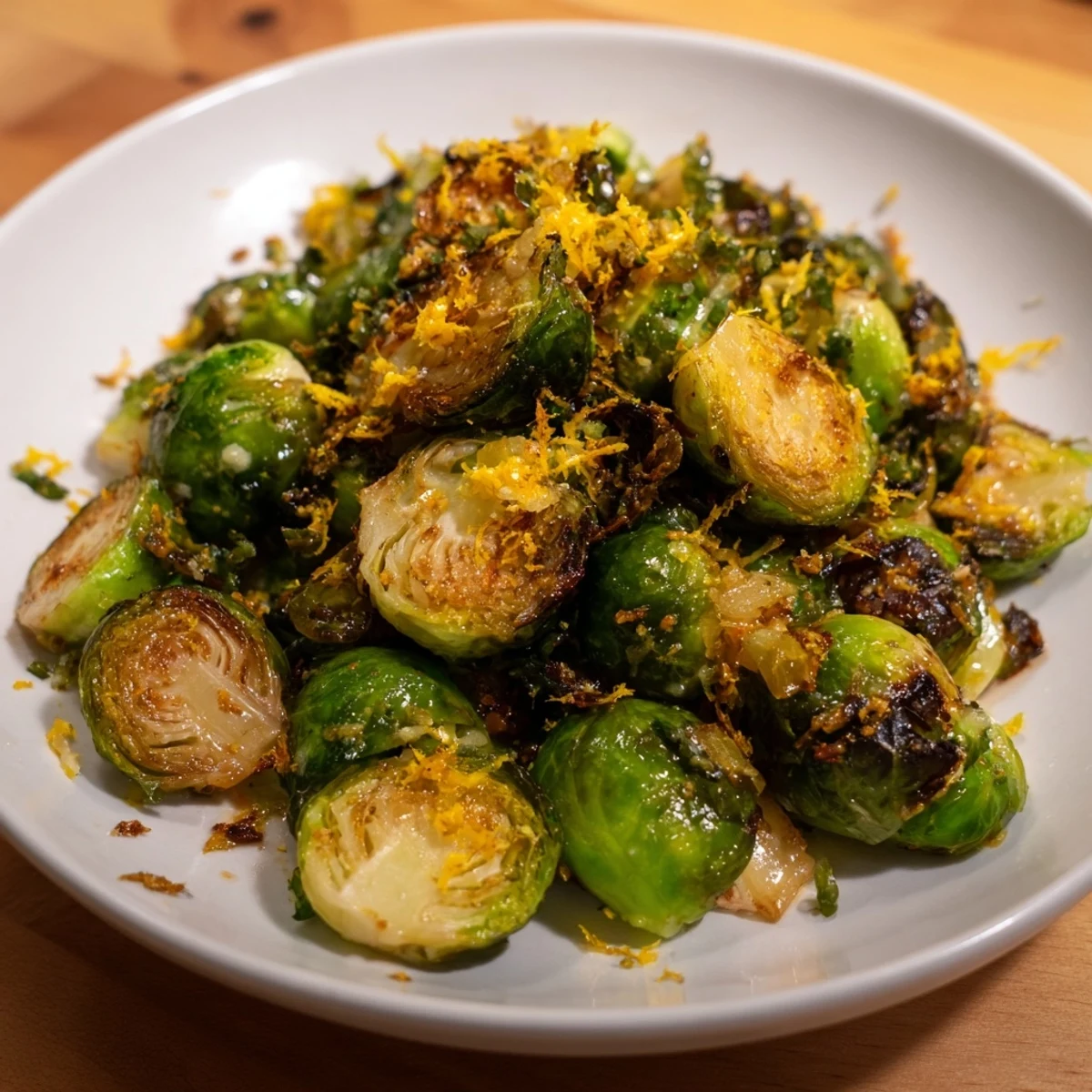 Freshly roasted Brussels sprouts with garlic, lemon, and Parmesan, a flavorful and easy vegetarian dinner option.