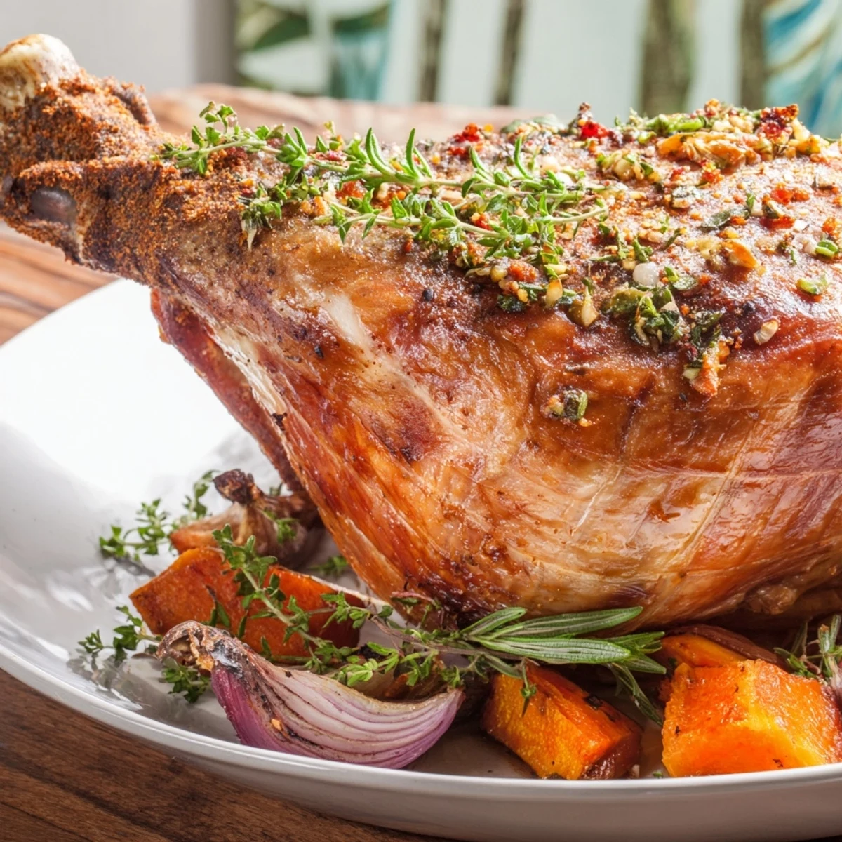 Golden-brown Roasted Turkey Legs, juicy and flavorful, ready to be served on a platter.