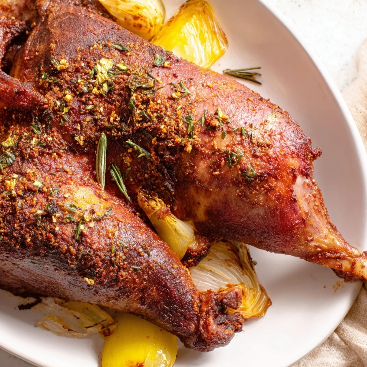 Crispy-skinned Roasted Turkey Legs, surrounded by roasted vegetables, perfect for a family feast.