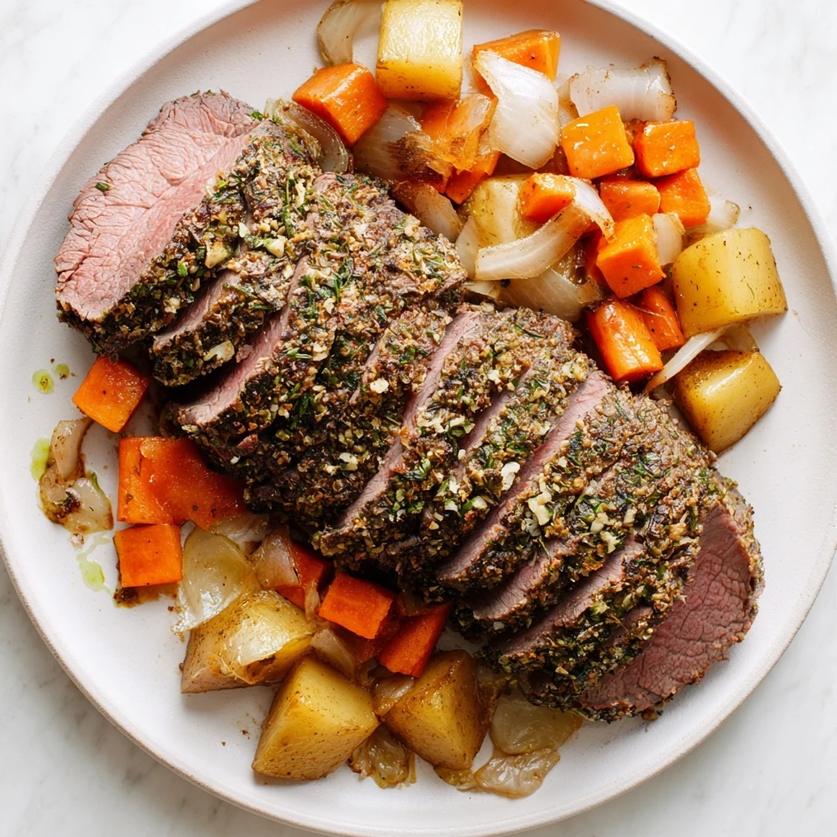 Juicy roast beef glistening with herbs, ready to slice and enjoy with your family for dinner.