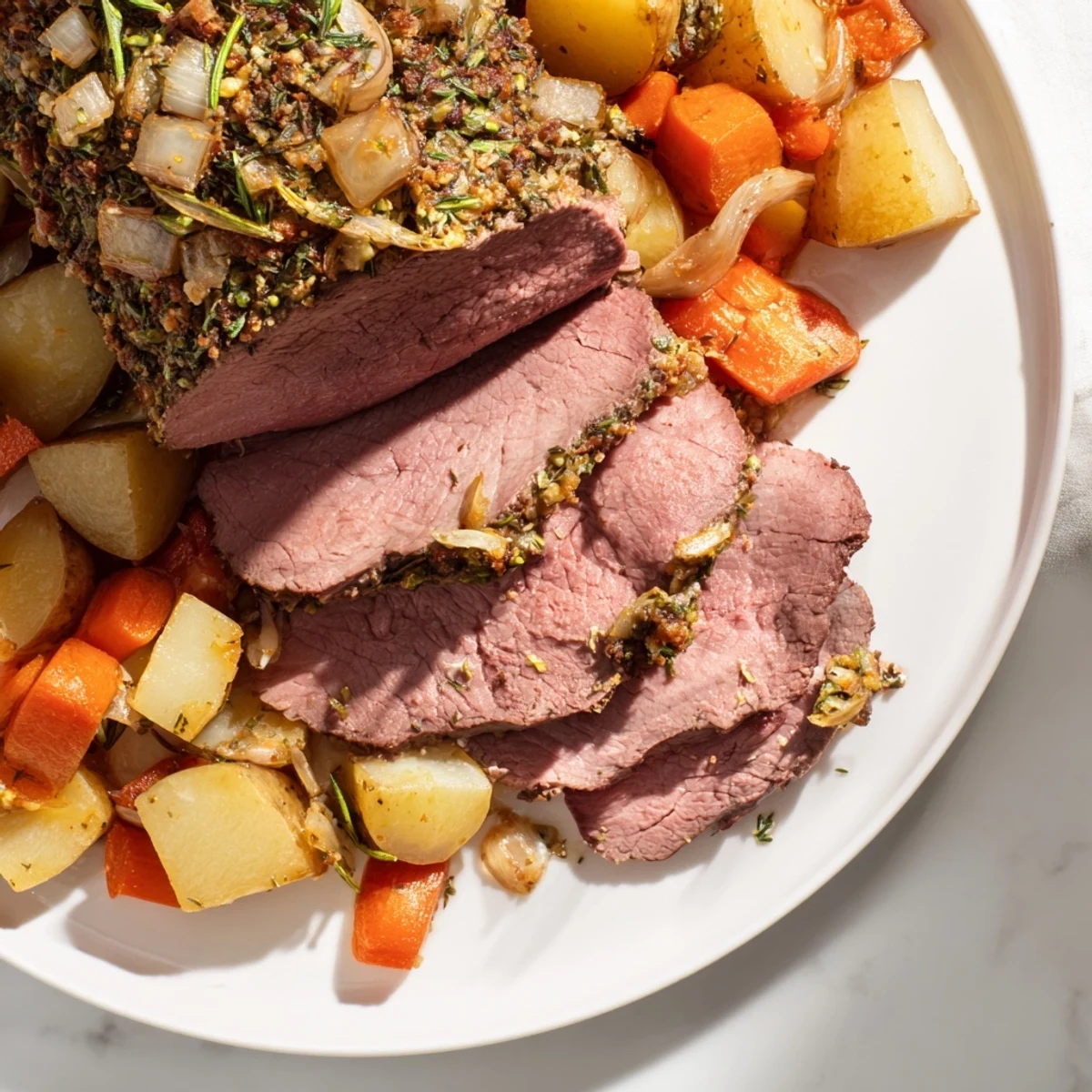 A perfectly roasted beef, its herb crust inviting, ready to serve for a special occasion meal.