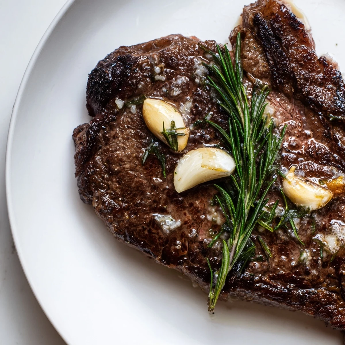 This classic pan-seared steak shows a perfectly cooked, tender, medium-rare cut on a plate.