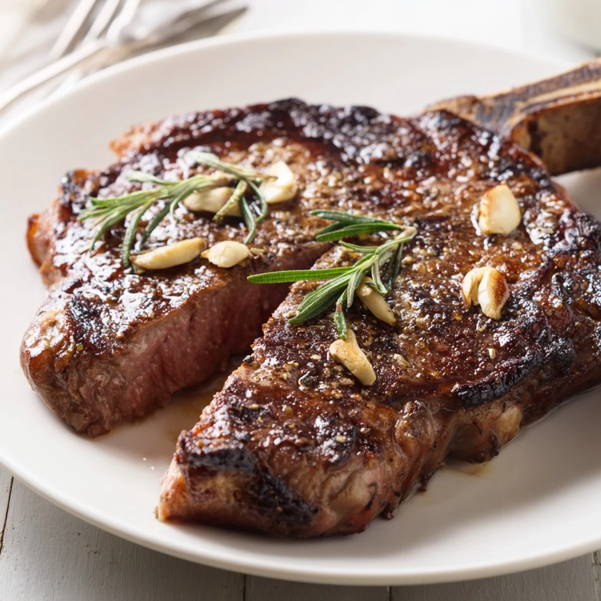 Classic pan-seared steak, a beautifully browned crust, ready to be sliced and enjoyed with herbs.