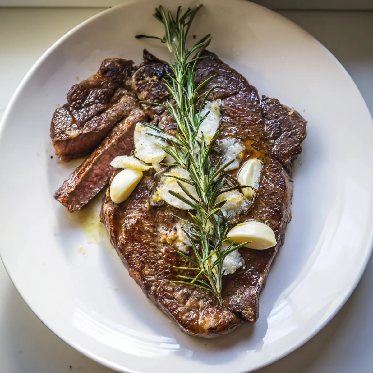 Juicy classic pan-seared steak served with pan juices; imagine the savory aroma and delicious flavor.