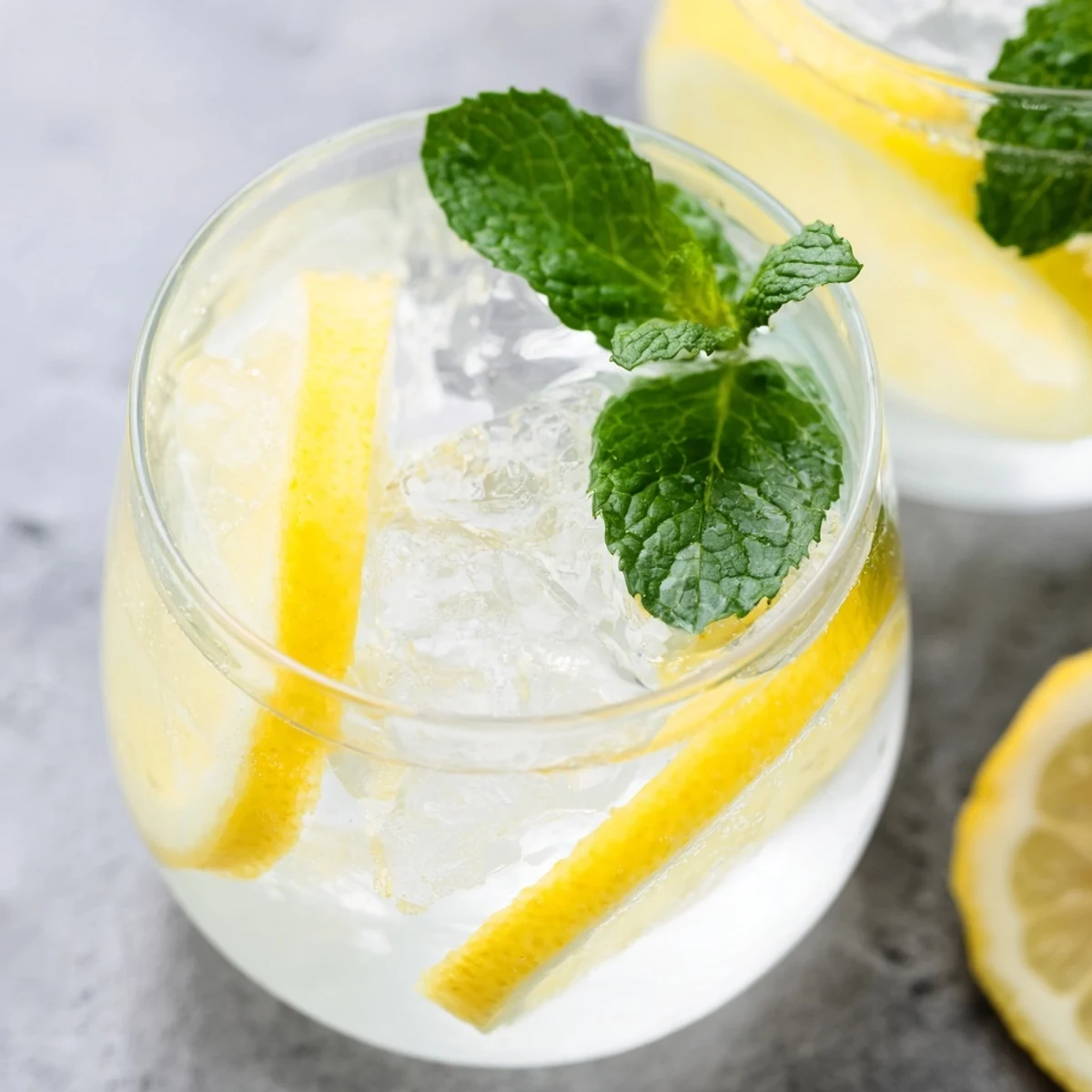 Bright yellow lemon water glistening with ice, a simple and refreshing beverage.