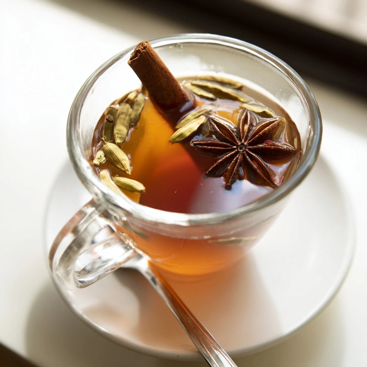 Steaming mug of Spiced Tea with cinnamon sticks, offering a warm, inviting aroma.