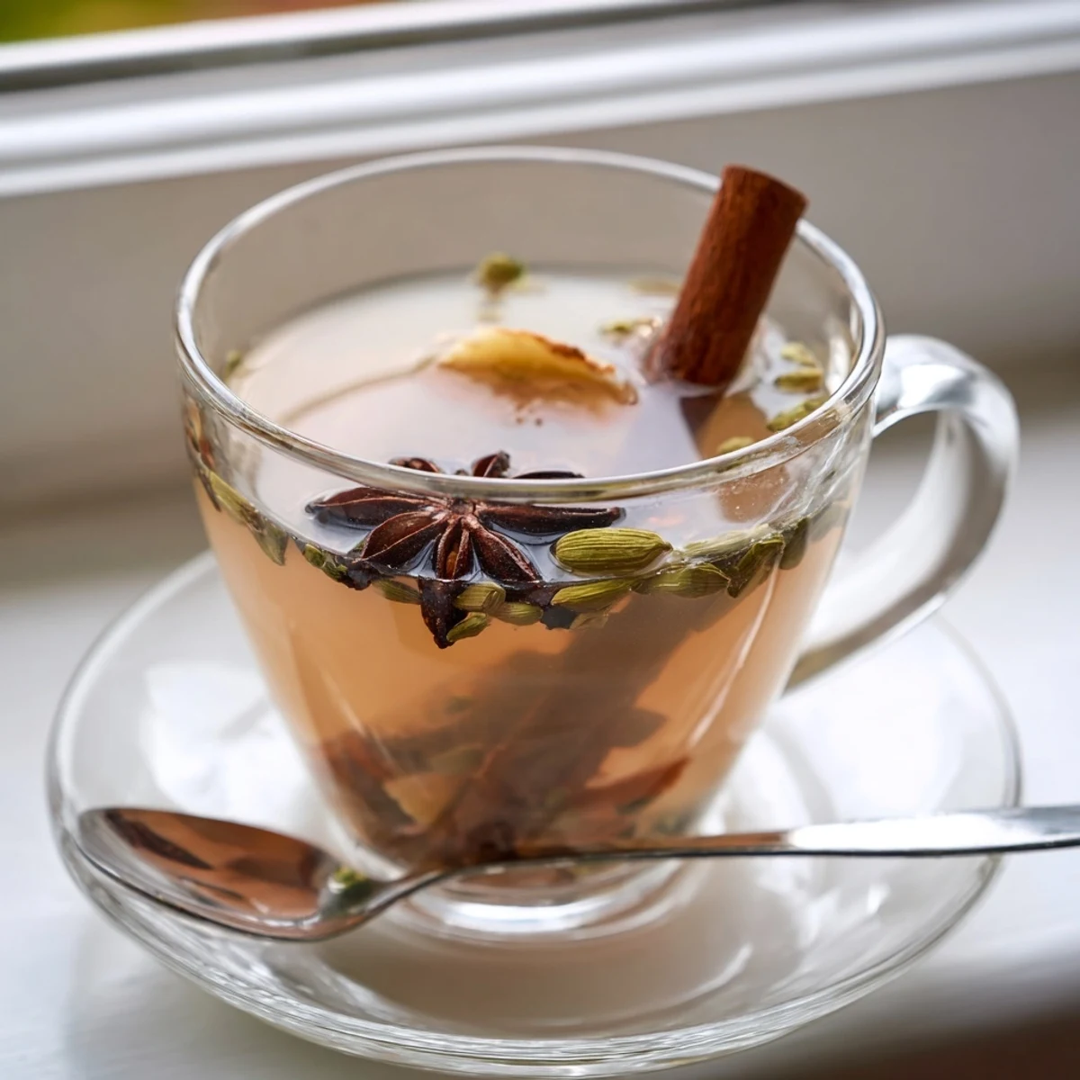 A close-up shot of rich, dark Spiced Tea, garnished with star anise and ready to serve.