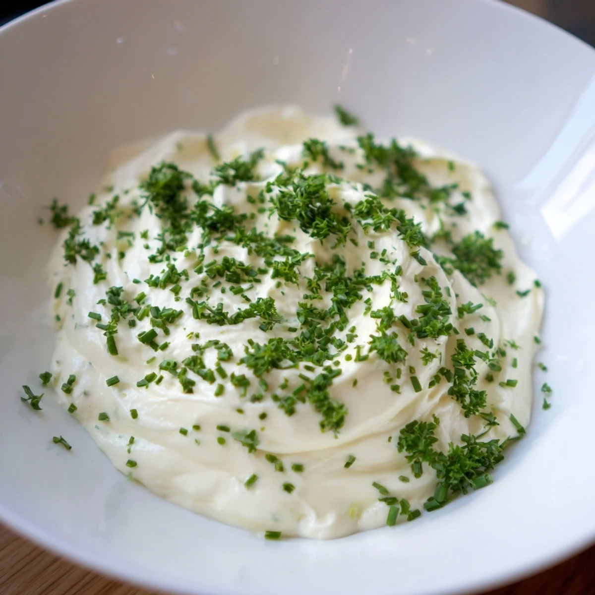 A close-up shot of creamy Garlic Dip, speckled with herbs and ready for any appetizer.