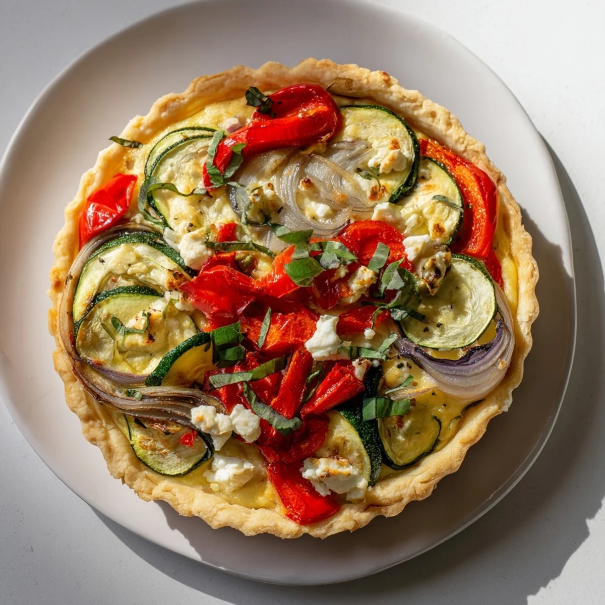 Golden, rustic Savory Vegetable Tart with roasted vegetables, creamy cheese, and herbs, ready to serve.