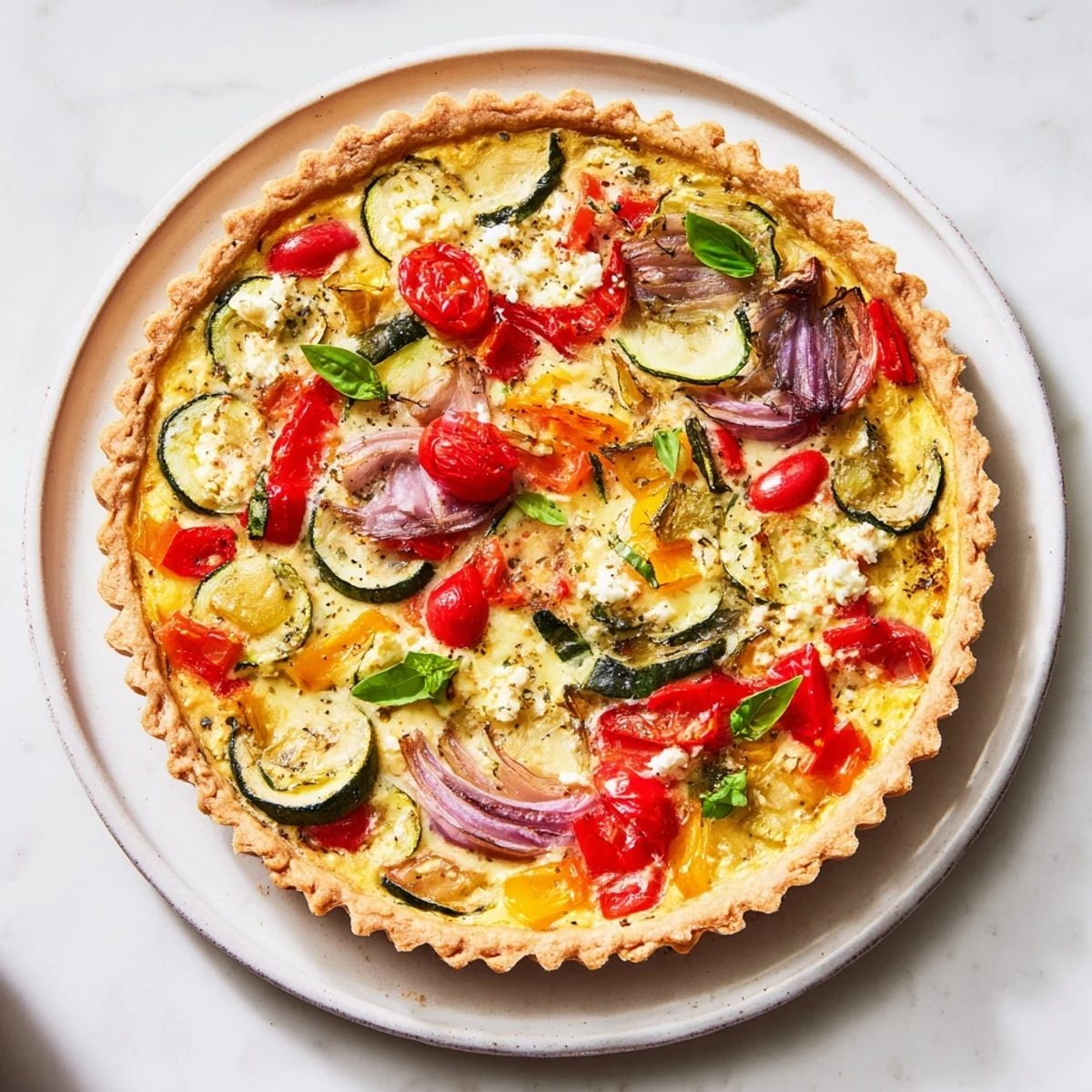 A warm, delicious slice of homemade Savory Vegetable Tart; a beautiful, veggie-filled, savory centerpiece.