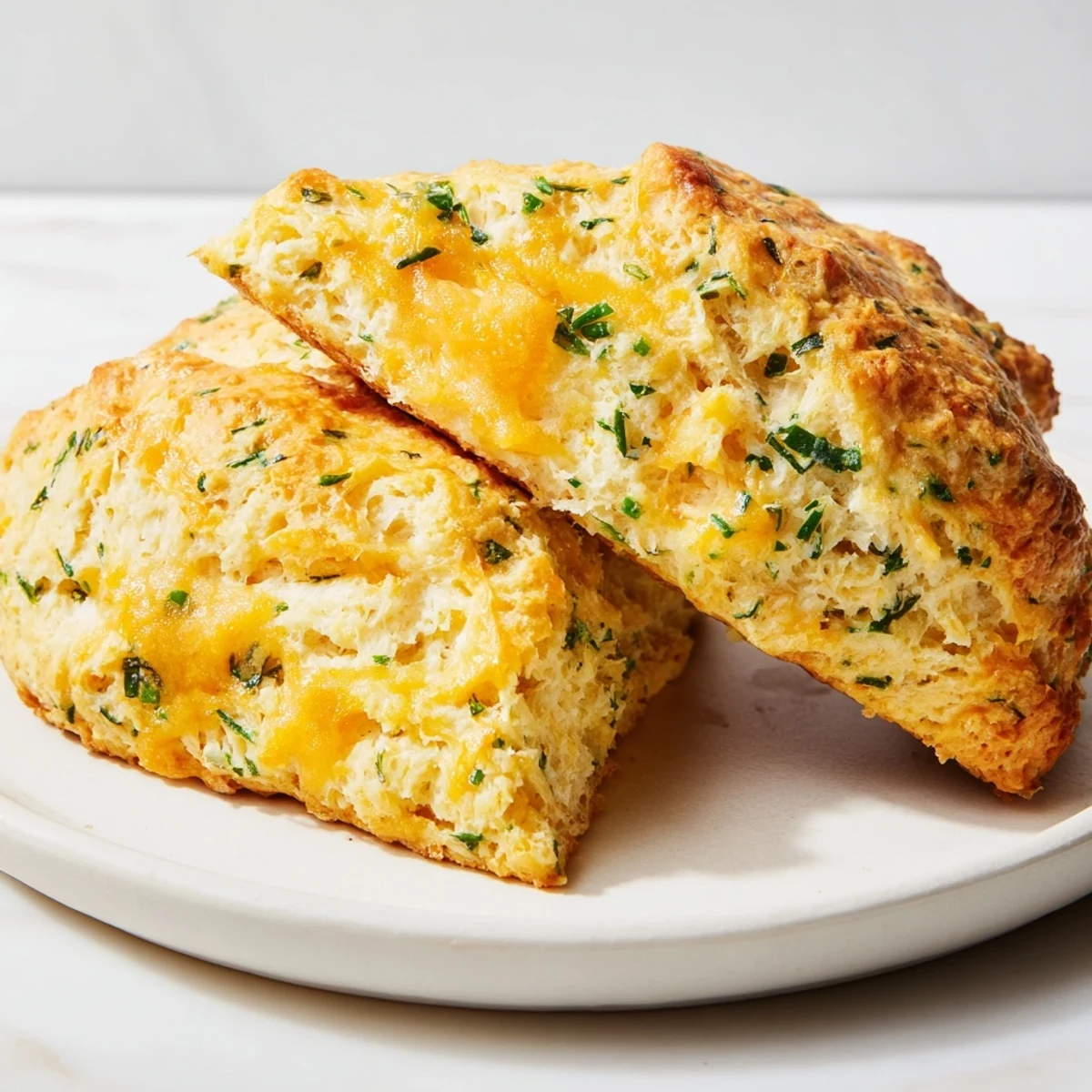 Golden brown savory scones, fresh from the oven, ready to enjoy with cheese and herb details.