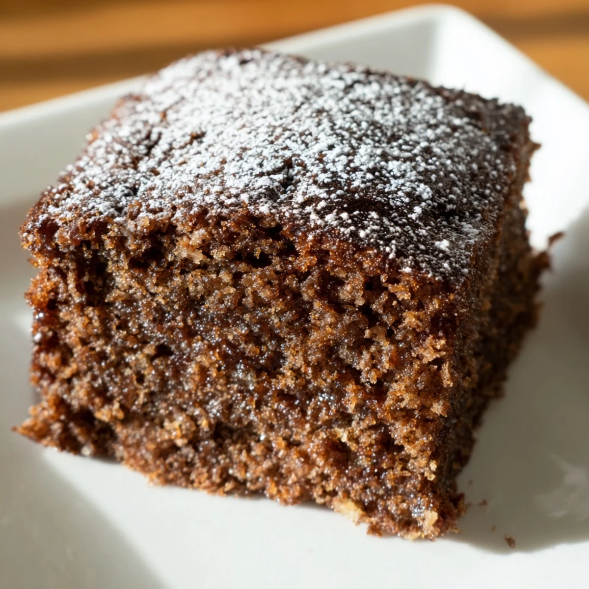 Golden-brown gingerbread, with visible spices, prepared in a square pan for sharing.