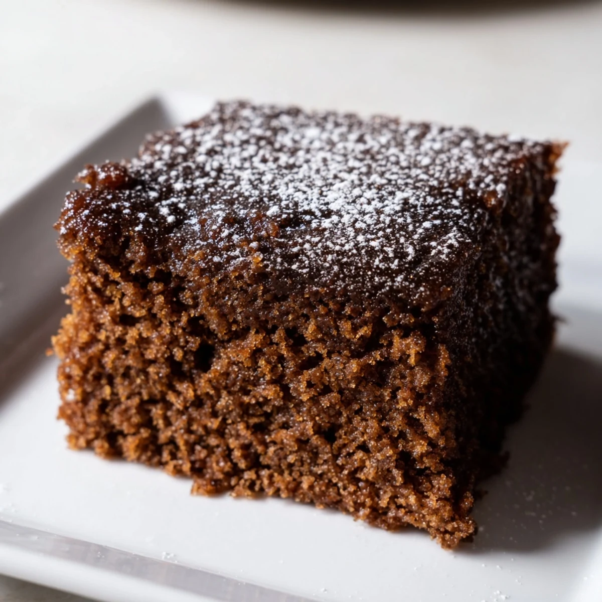 A slice of warm gingerbread next to vanilla ice cream, perfect for a cozy afternoon treat.