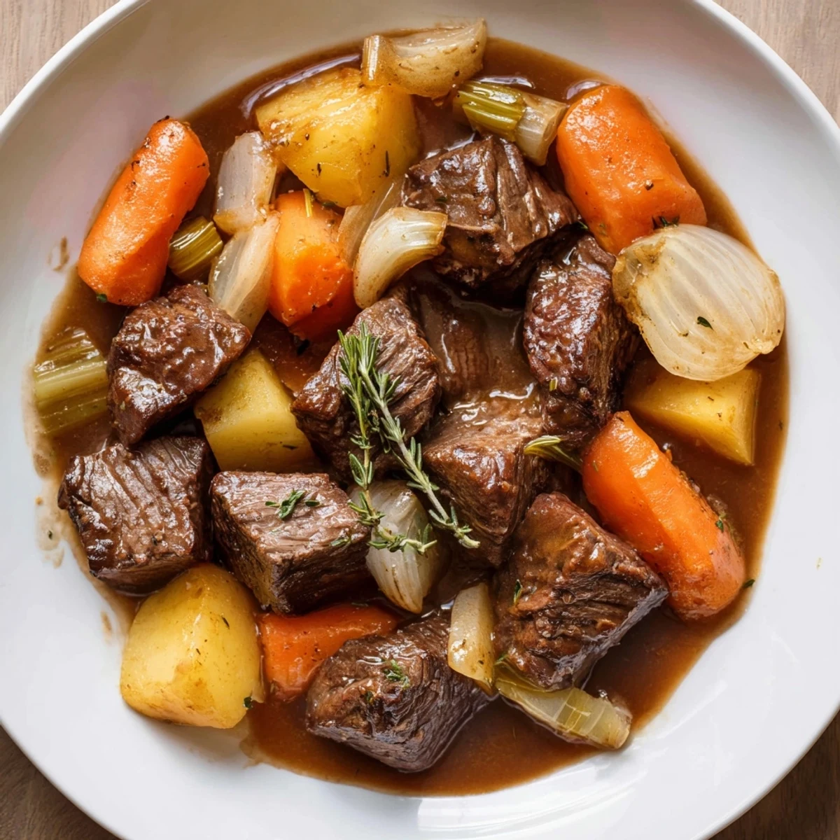 Tender gravy beef stew, a warm and savory one-pot meal, perfect over mashed potatoes.