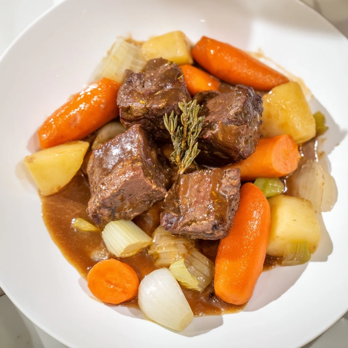 Chunks of gravy beef simmer in a rich, flavorful broth, creating delicious beef stew.