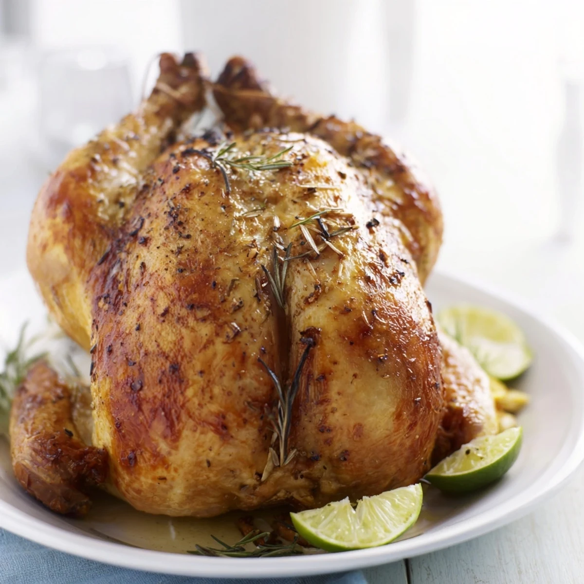 Golden-brown Salt-Spiced Roast Chicken, crispy skin glistening, served with fragrant herbs and lemon.