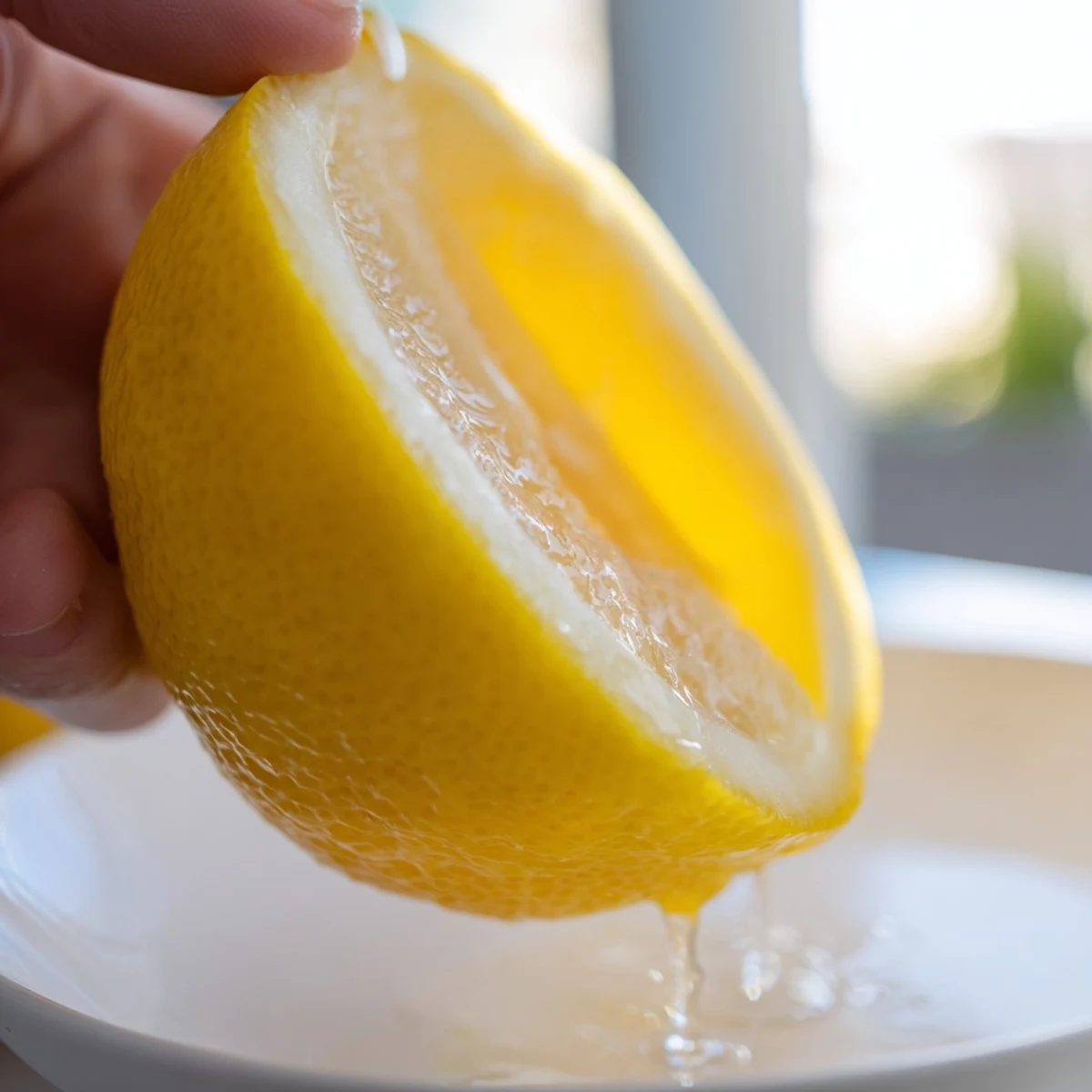 Freshly squeezed lemon juice, bright and zesty, being extracted from a halved lemon.