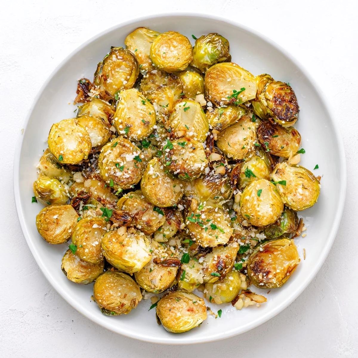 Warm, inviting picture of perfectly roasted Brussels Sprouts seasoned with garlic, a healthy side.