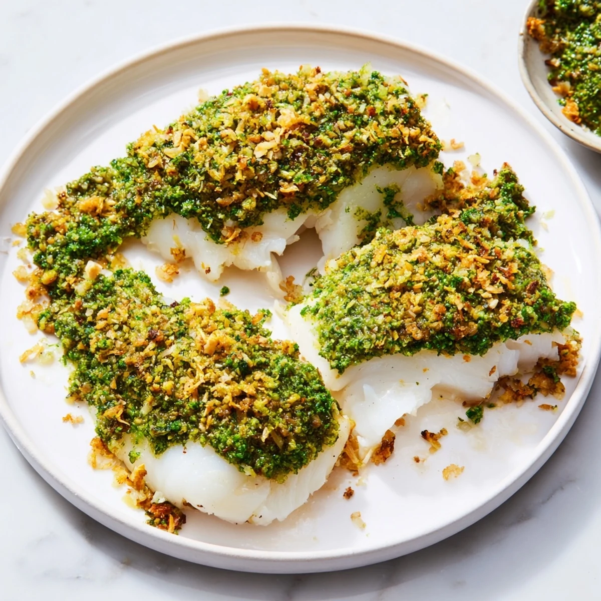 A close-up of baked cod fillets boasting a vibrant pesto crust, perfect for a flavorful dinner.