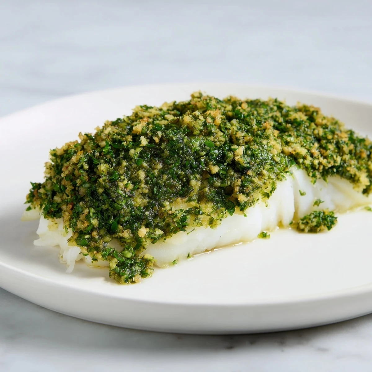 Baked Cod with Pesto Crust, showing flaky fish under a golden, herb-crusted top, ready to serve.