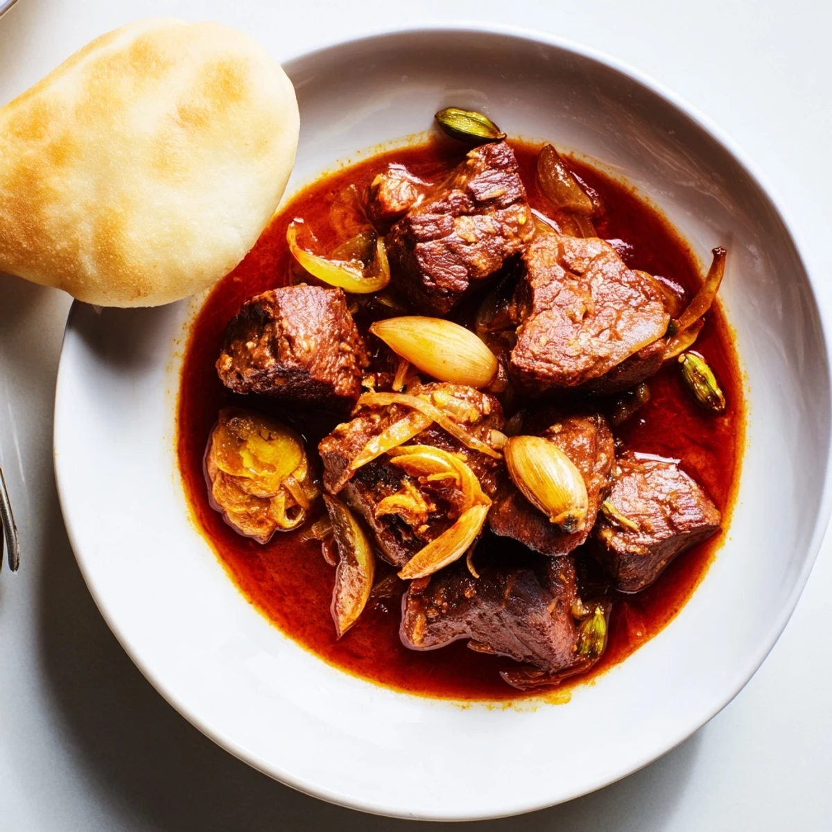Tender lamb simmered in fragrant spices makes this delicious Lamb Rogan Josh, ready to serve with soft naan.