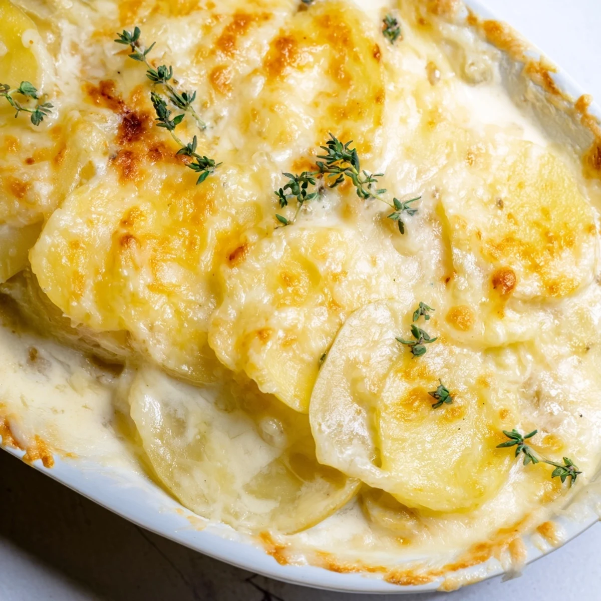 This creamy, baked Potato Gratin with thyme features a beautiful, golden-brown cheese crust.