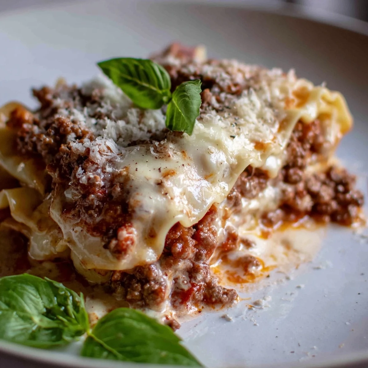 Golden, bubbling Beef Lasagna with white sauce, oozing cheese and a rich, meaty aroma.