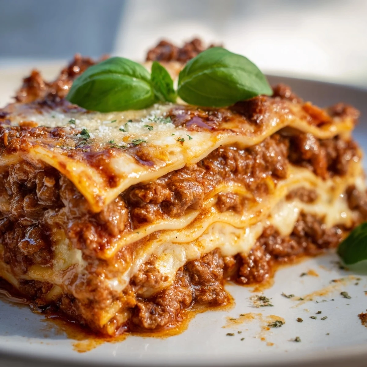A close-up view of a hearty Beef Lasagna, perfectly layered with creamy white sauce and bubbly cheese.