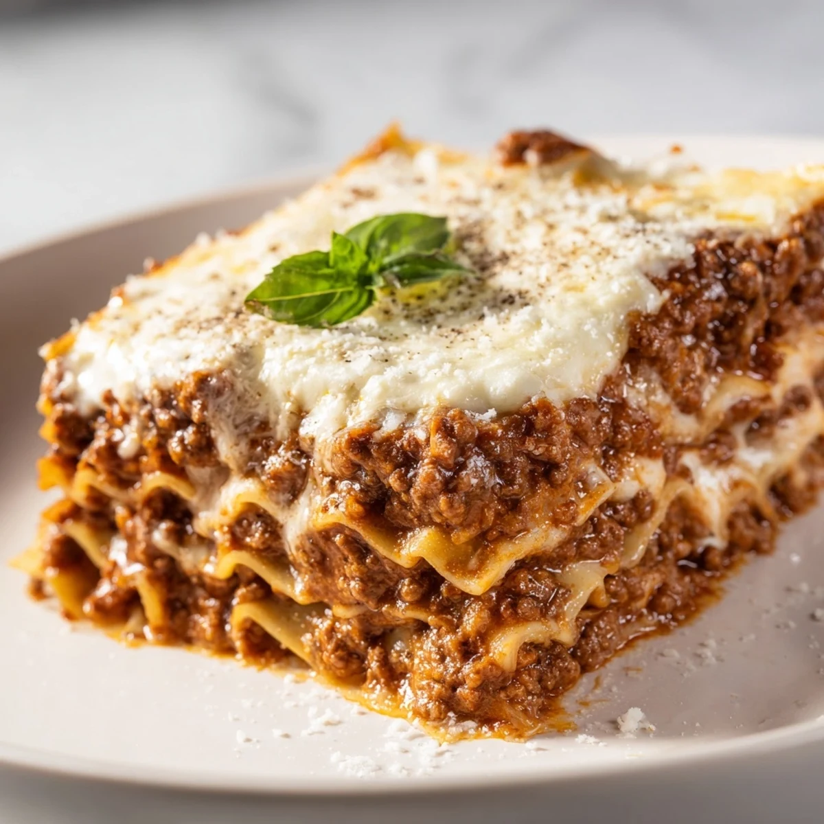 This baked Beef Lasagna boasts layers of flavorful meat sauce, tender noodles, and a silky white sauce.