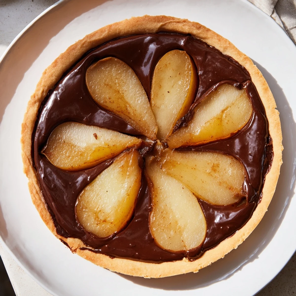 This Warm Pear and Chocolate Tart showcases beautifully arranged pears nestled in glossy chocolate, ready to serve.