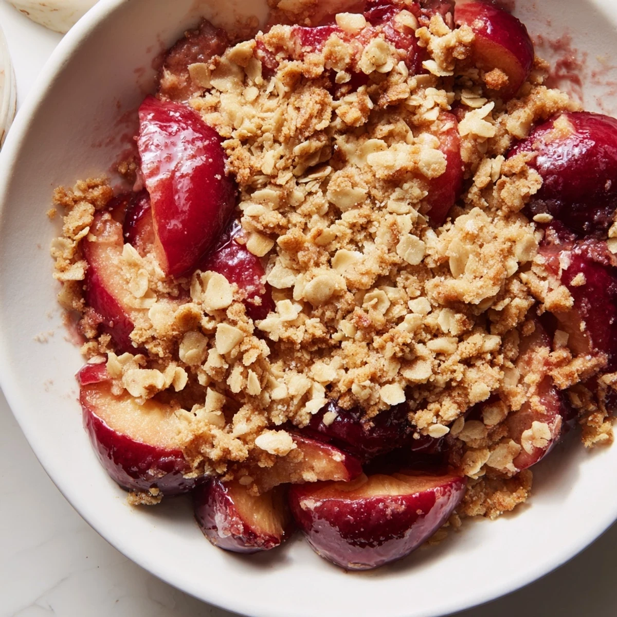 A close-up of a freshly baked Spiced Plum Crumble with golden crumble, ready to serve with ice cream.