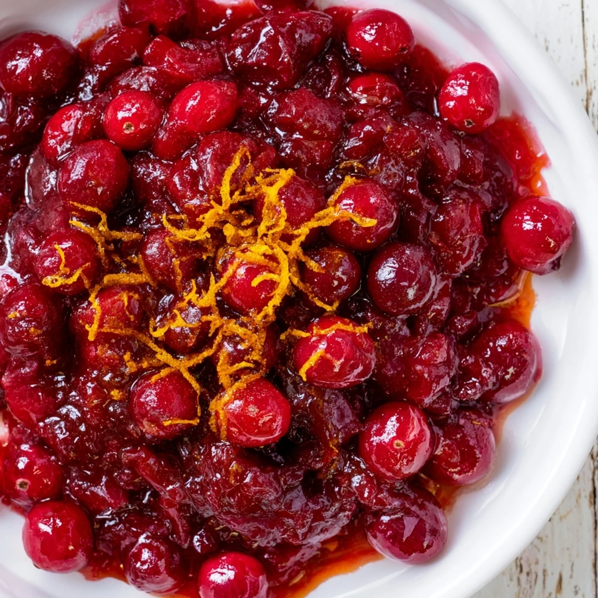 Vibrant cranberry sauce with orange zest, a holiday side dish glistening in a serving bowl.