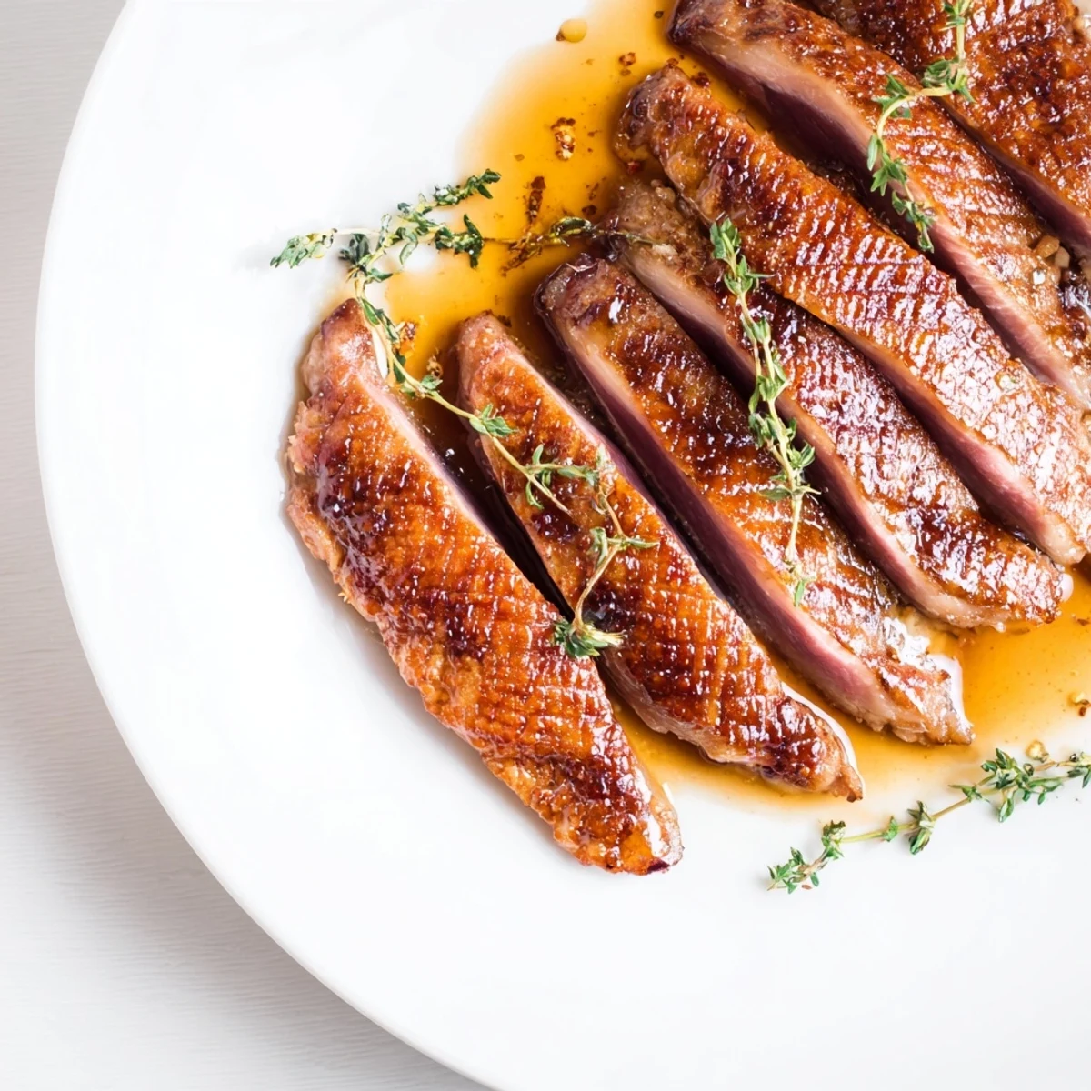 Crispy-skinned Pan Seared Duck Breast, beautifully plated with rich pan sauce, ready for your elegant dinner.
