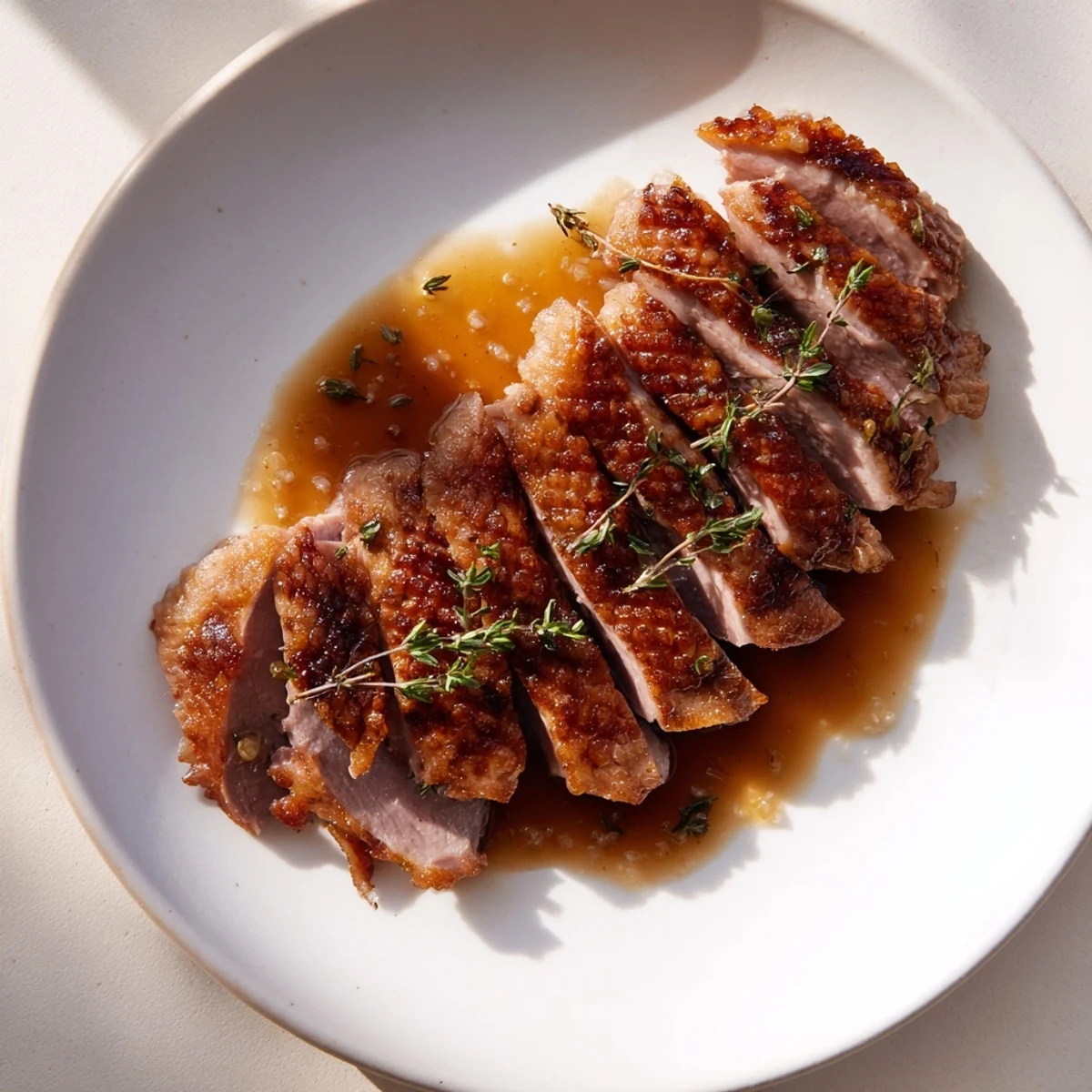 Golden and glistening pan seared duck breast, expertly cooked to medium-rare, and ready to slice.