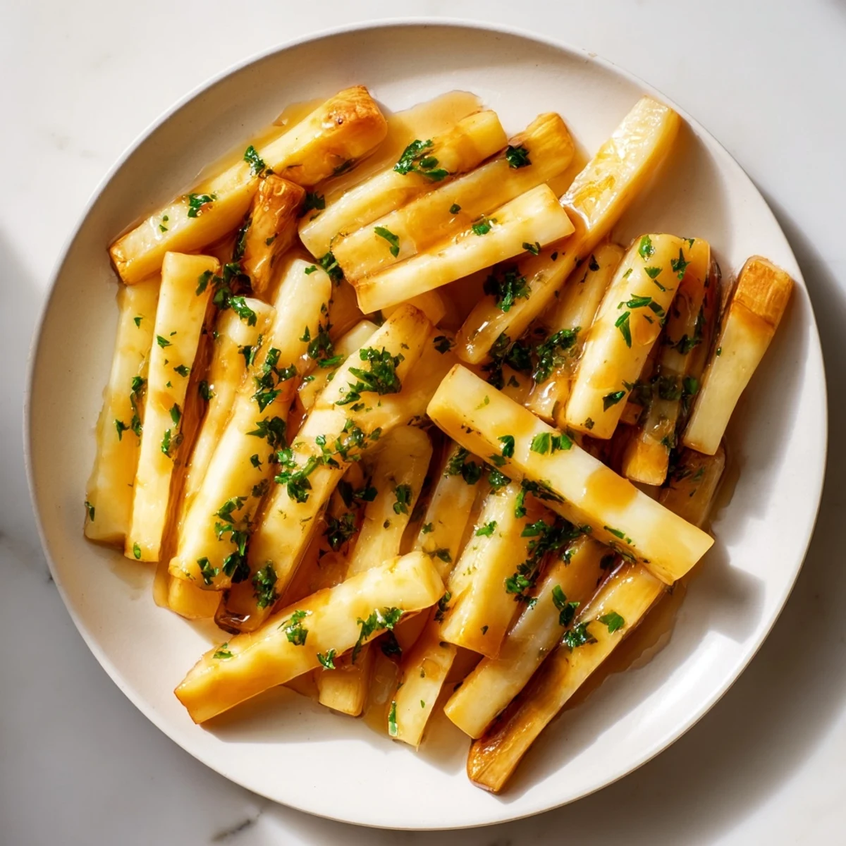 Golden-glazed parsnips glistening in a skillet: a sweet, savory side dish ready to serve.